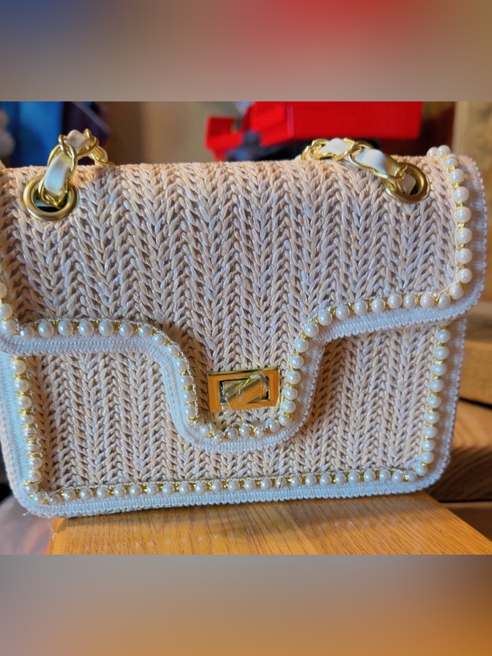 Cream Pearl-Trim Knit Shoulder Bag -